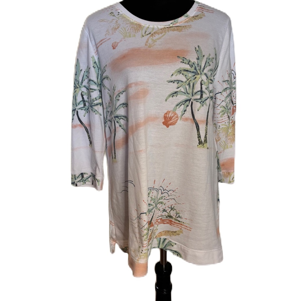 Chico's Cream 3/4 Sleeve Tropical T-Shirt